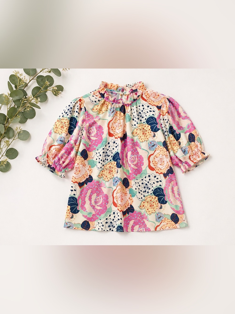 Entro Floral Blouse | Multicolor Statement Print | Ruffle Neck | Size Large